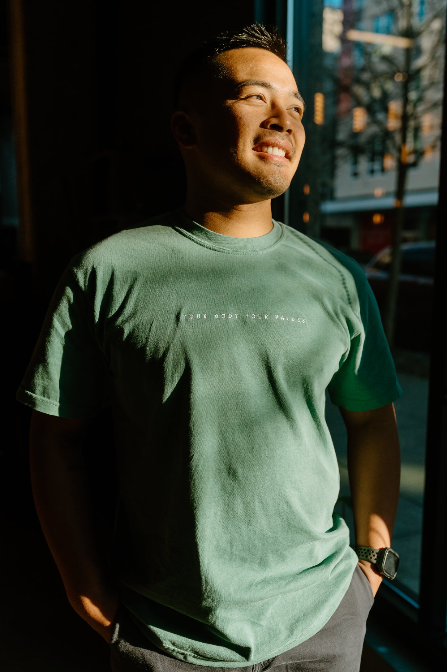 YBYV Comfort Colors T-Shirt with White Embroidered Minimalist Font