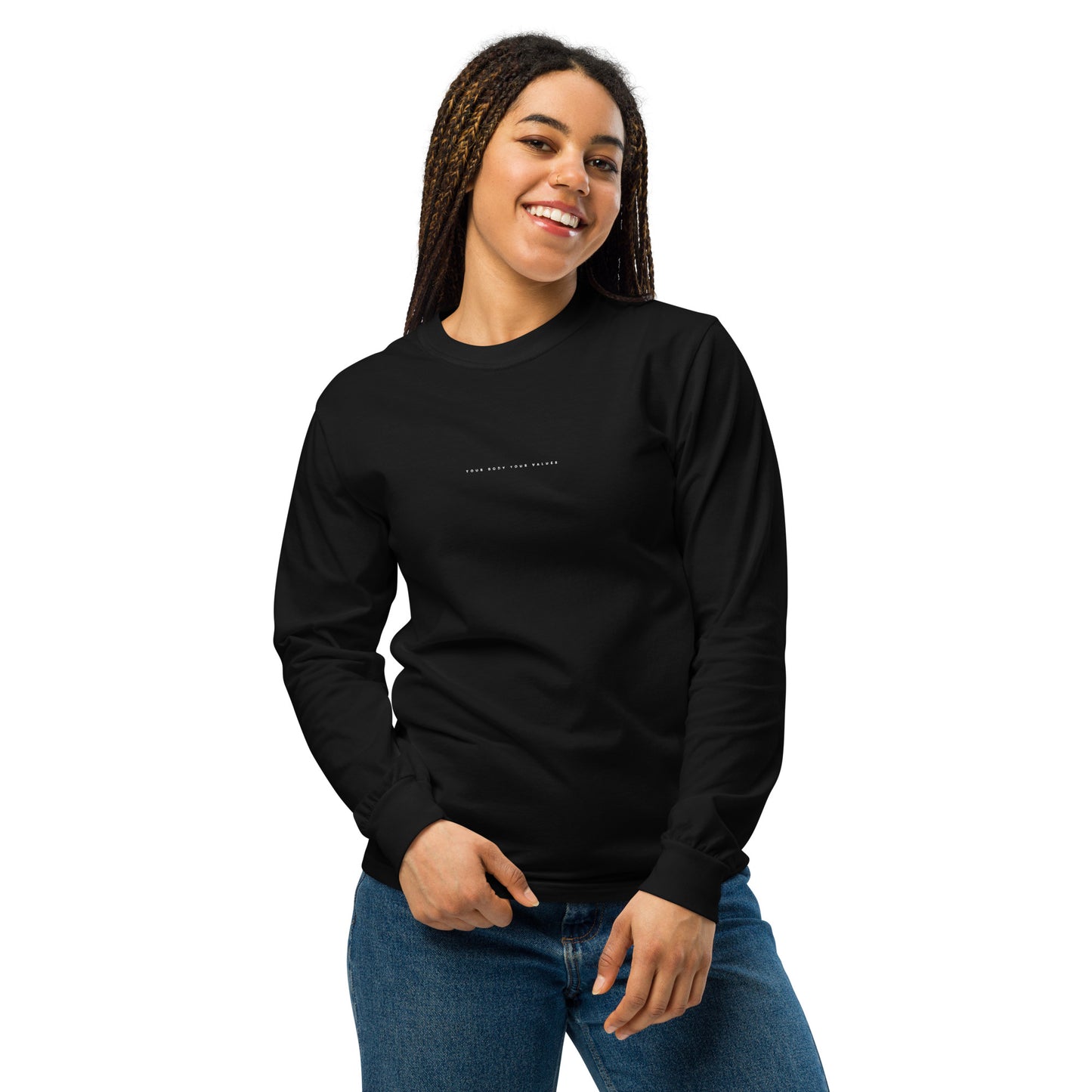 YBYV Comfort Colors Long Sleeve Shirt with Embroidered Minimalist Font