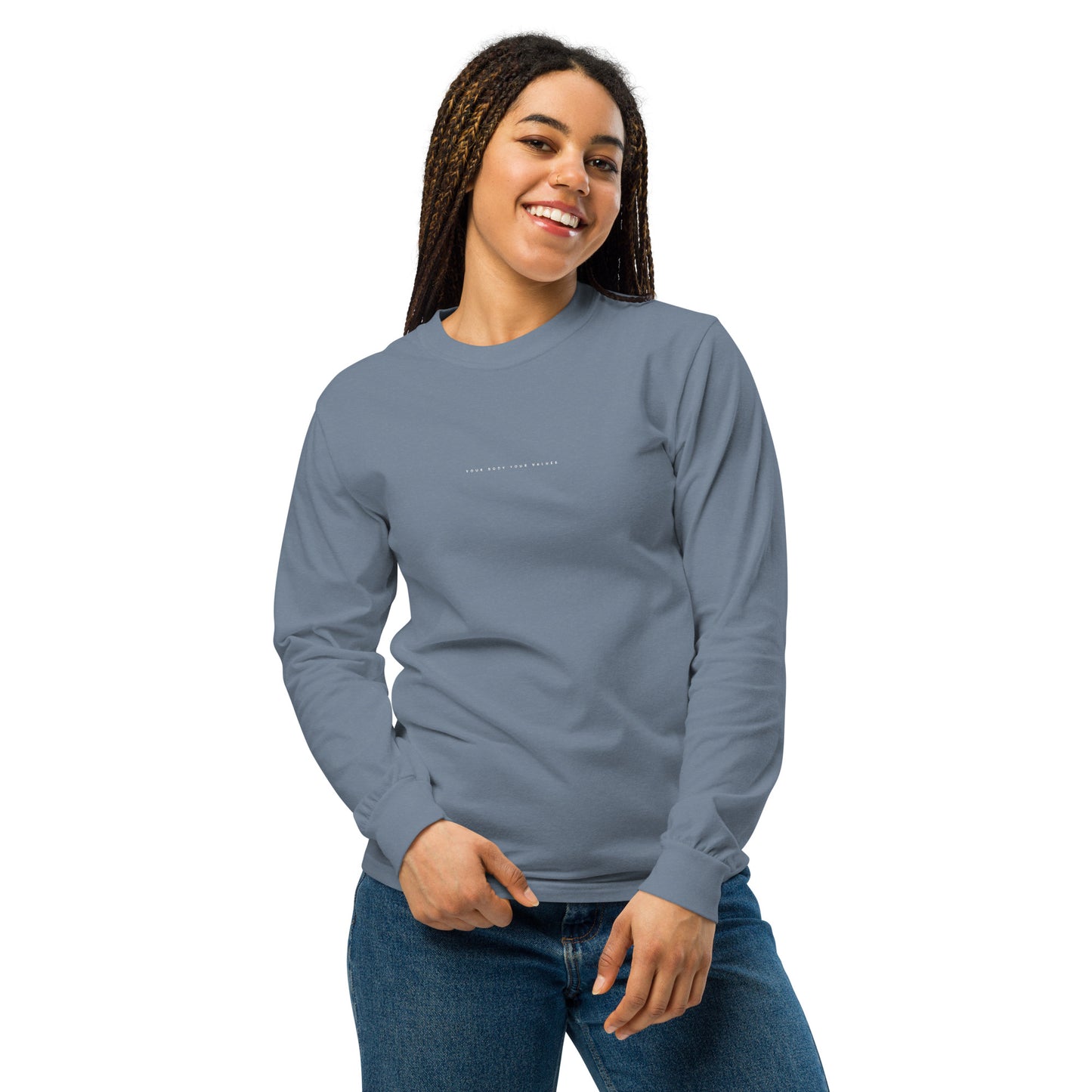 YBYV Comfort Colors Long Sleeve Shirt with Embroidered Minimalist Font