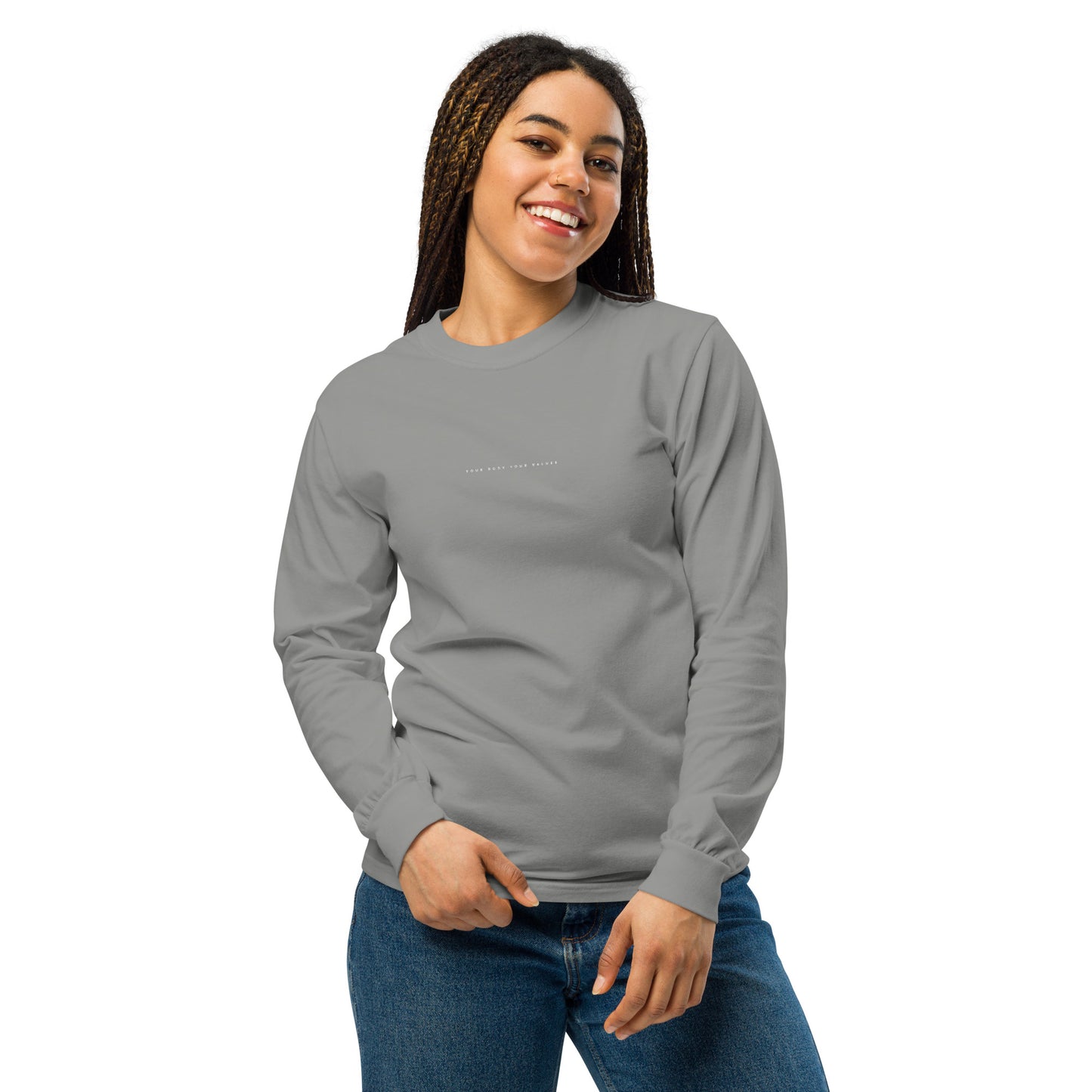 YBYV Comfort Colors Long Sleeve Shirt with Embroidered Minimalist Font