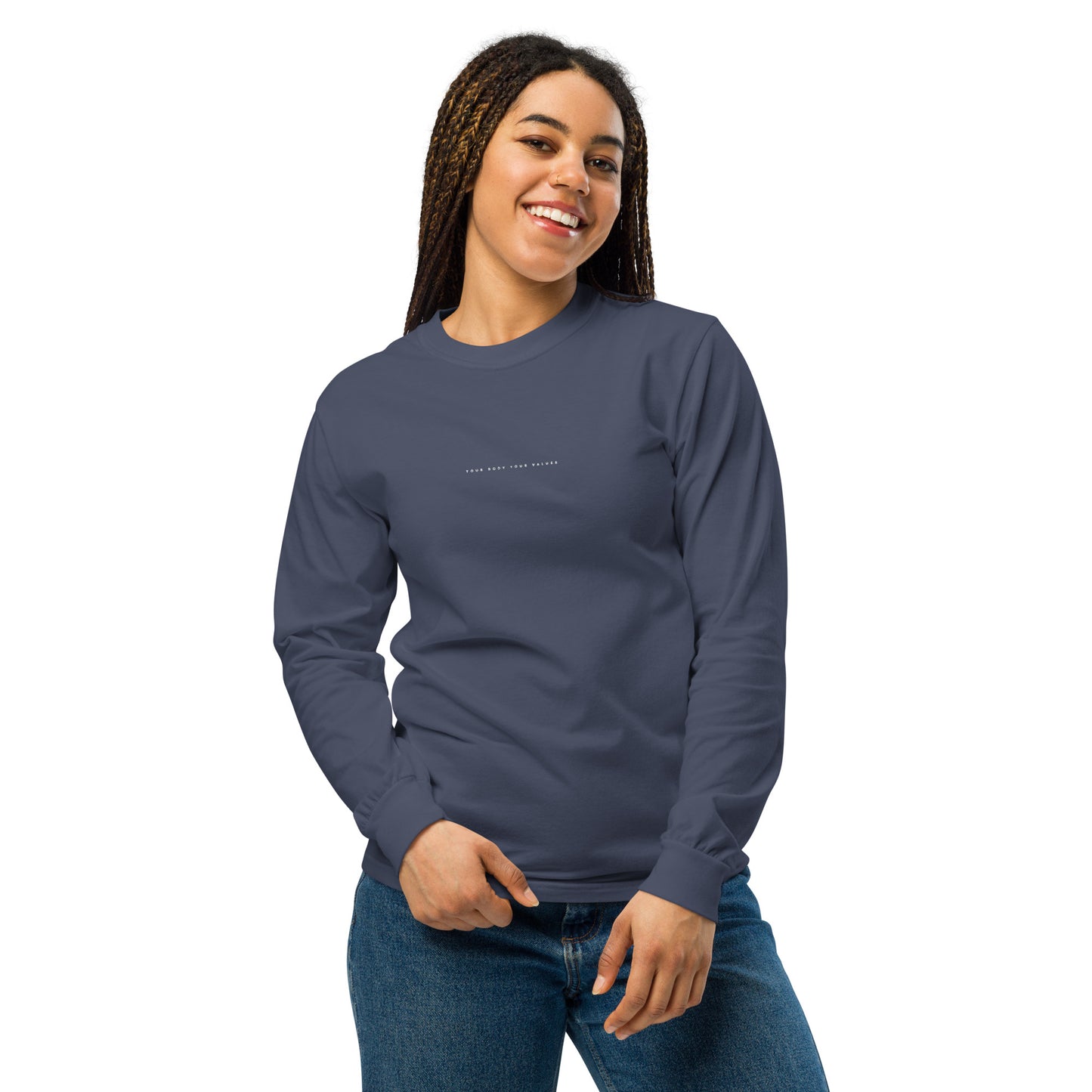 YBYV Comfort Colors Long Sleeve Shirt with Embroidered Minimalist Font