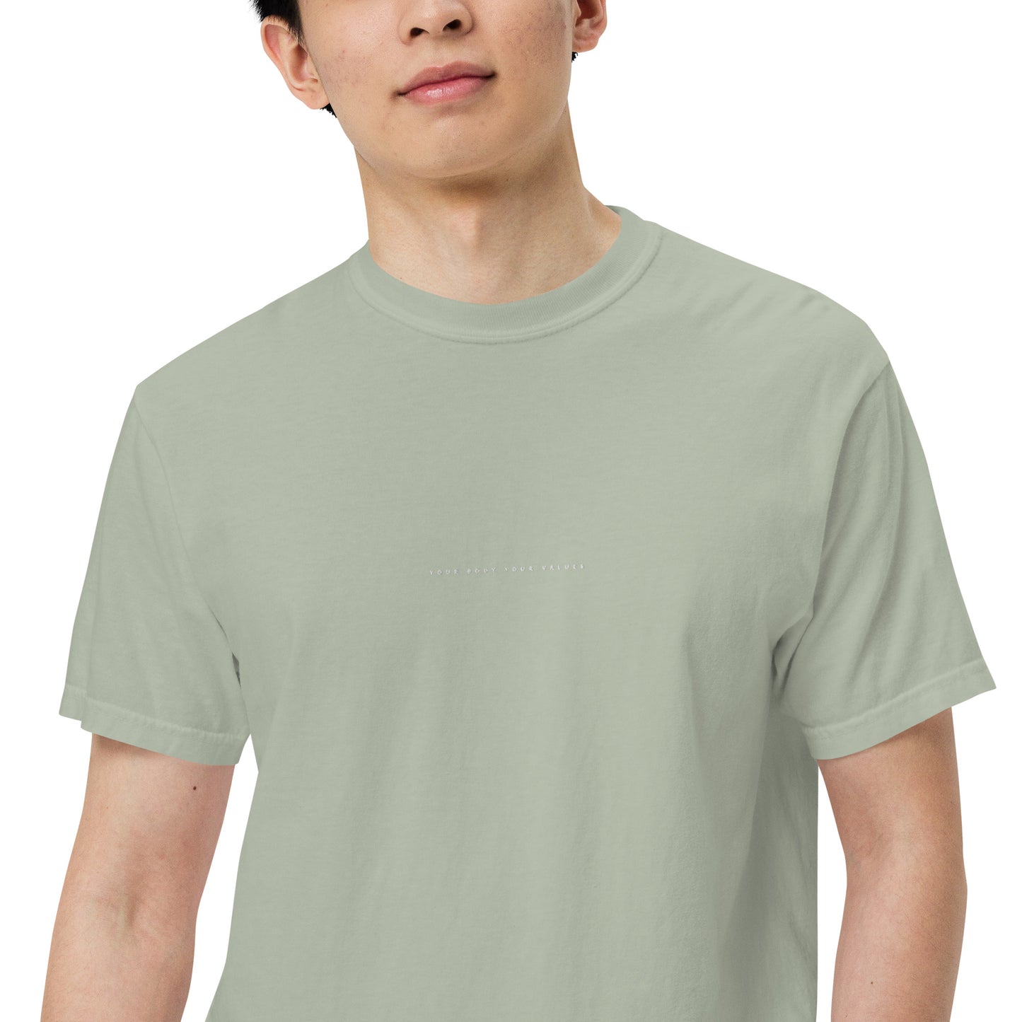 YBYV Comfort Colors T-Shirt with White Embroidered Minimalist Font