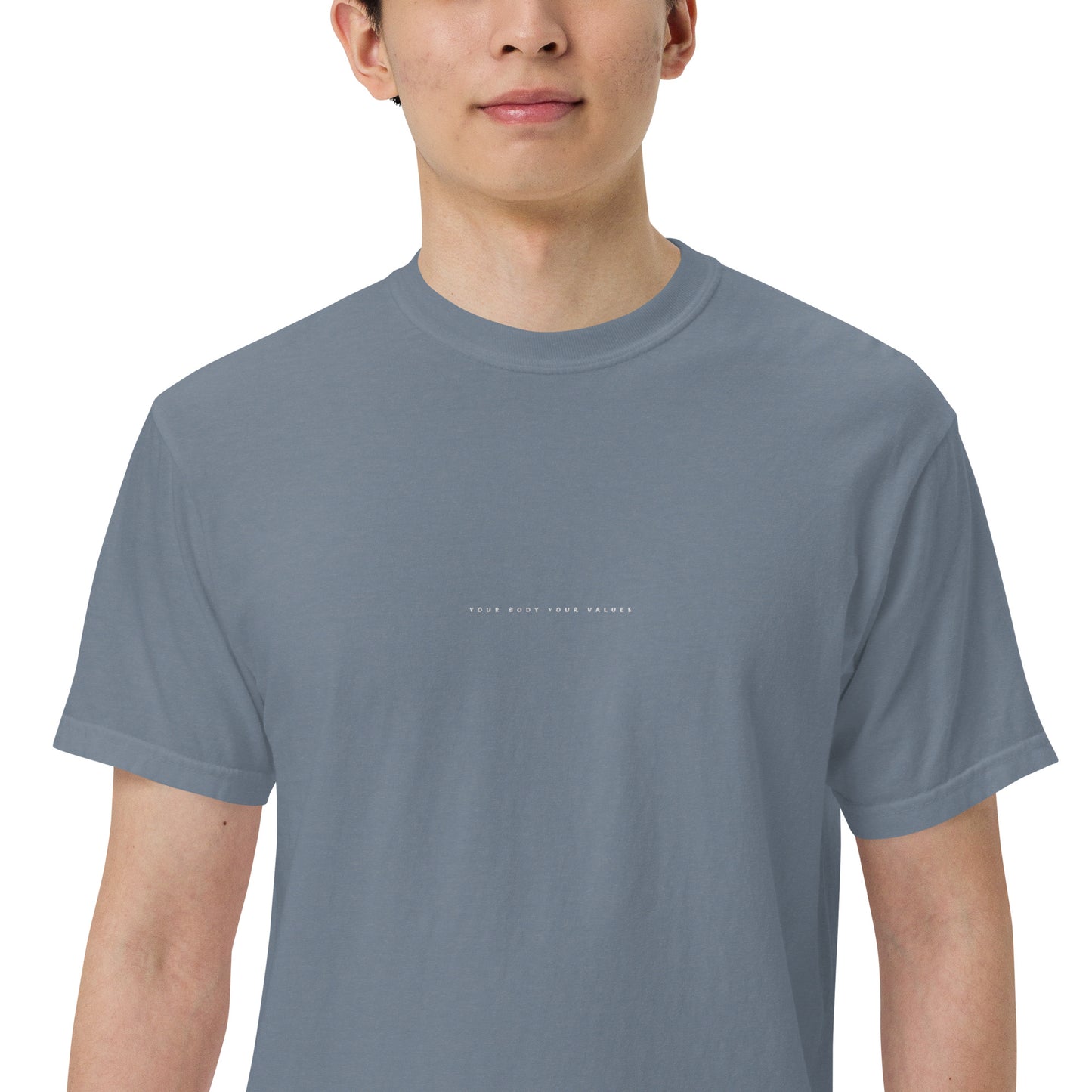 YBYV Comfort Colors T-Shirt with White Embroidered Minimalist Font