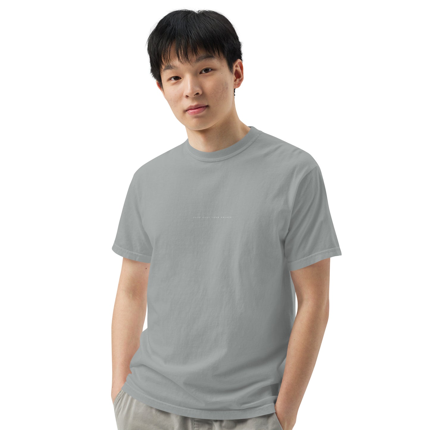 YBYV Comfort Colors T-Shirt with White Embroidered Minimalist Font