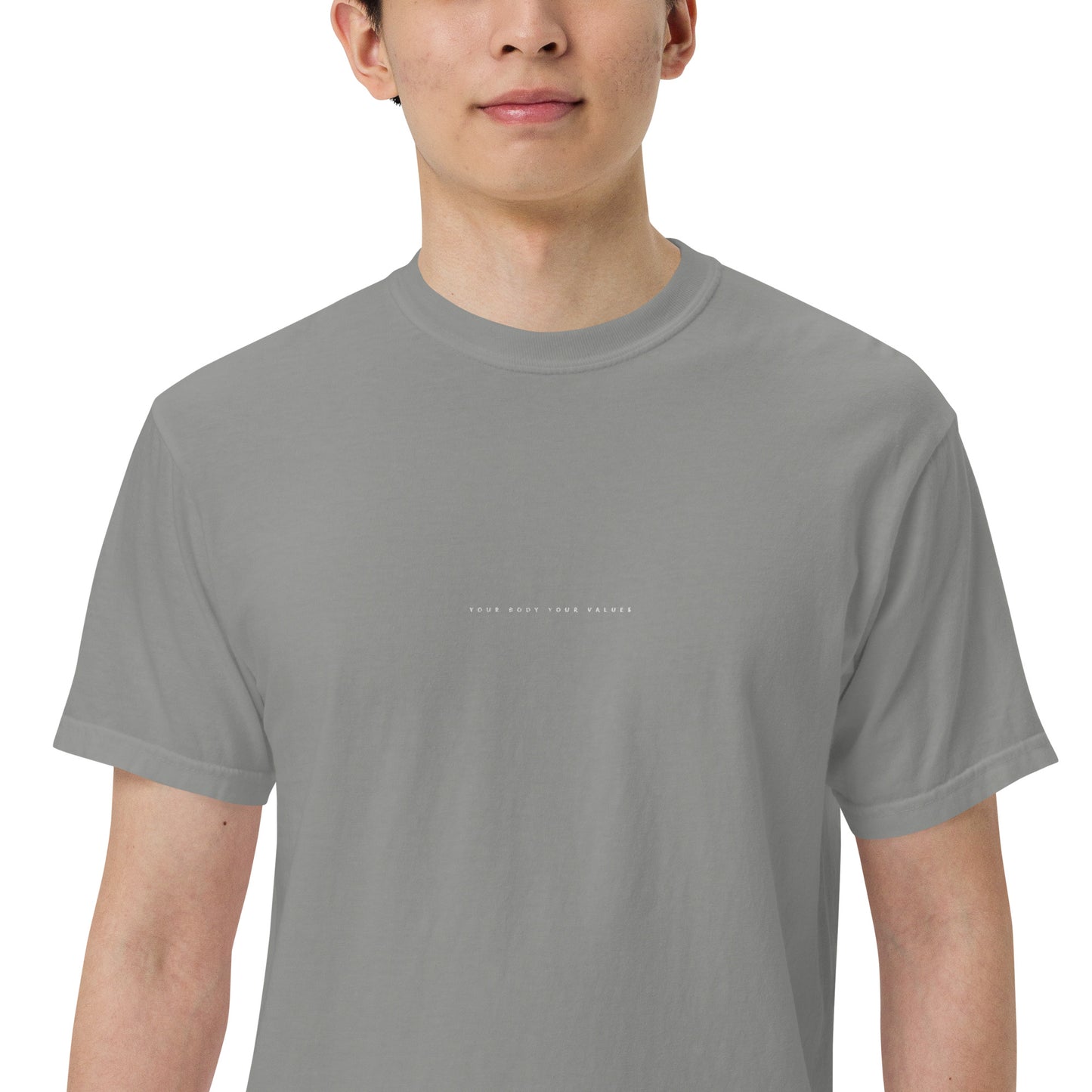 YBYV Comfort Colors T-Shirt with White Embroidered Minimalist Font