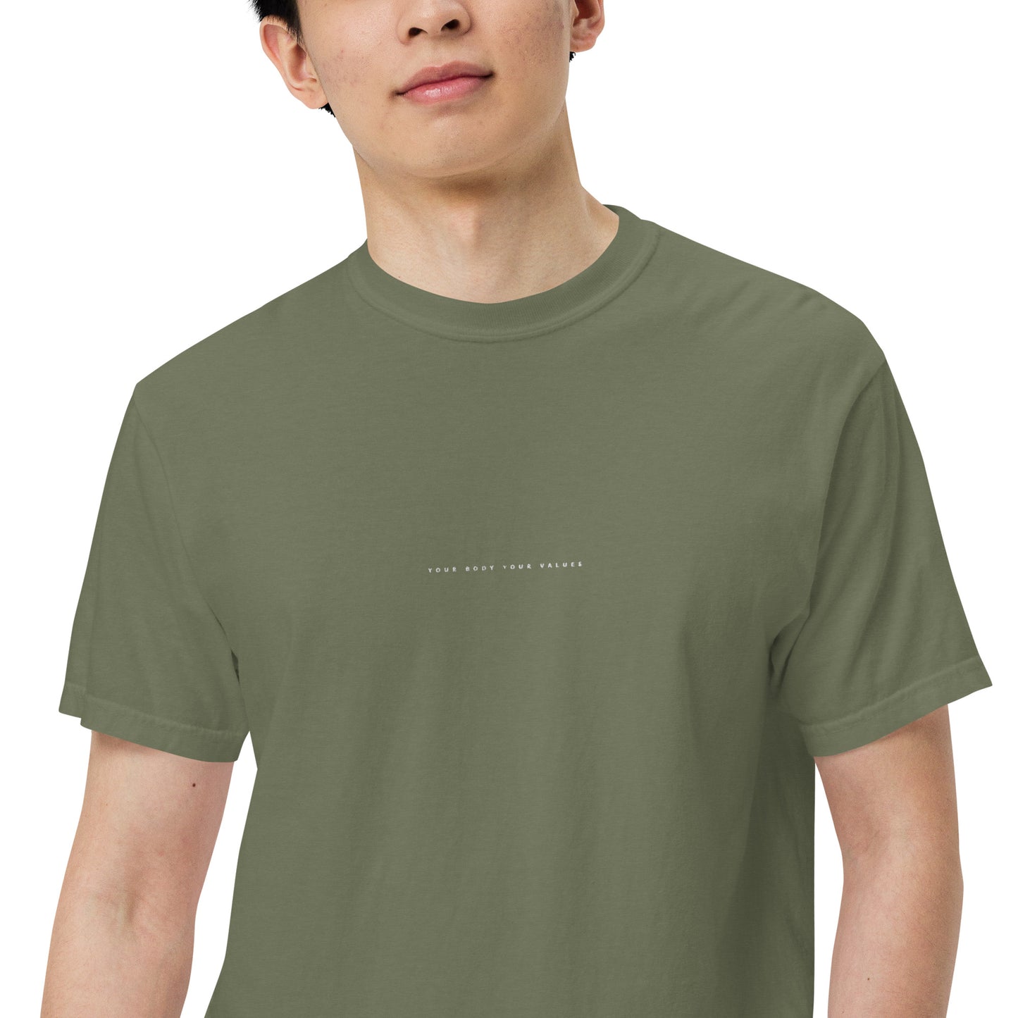 YBYV Comfort Colors T-Shirt with White Embroidered Minimalist Font