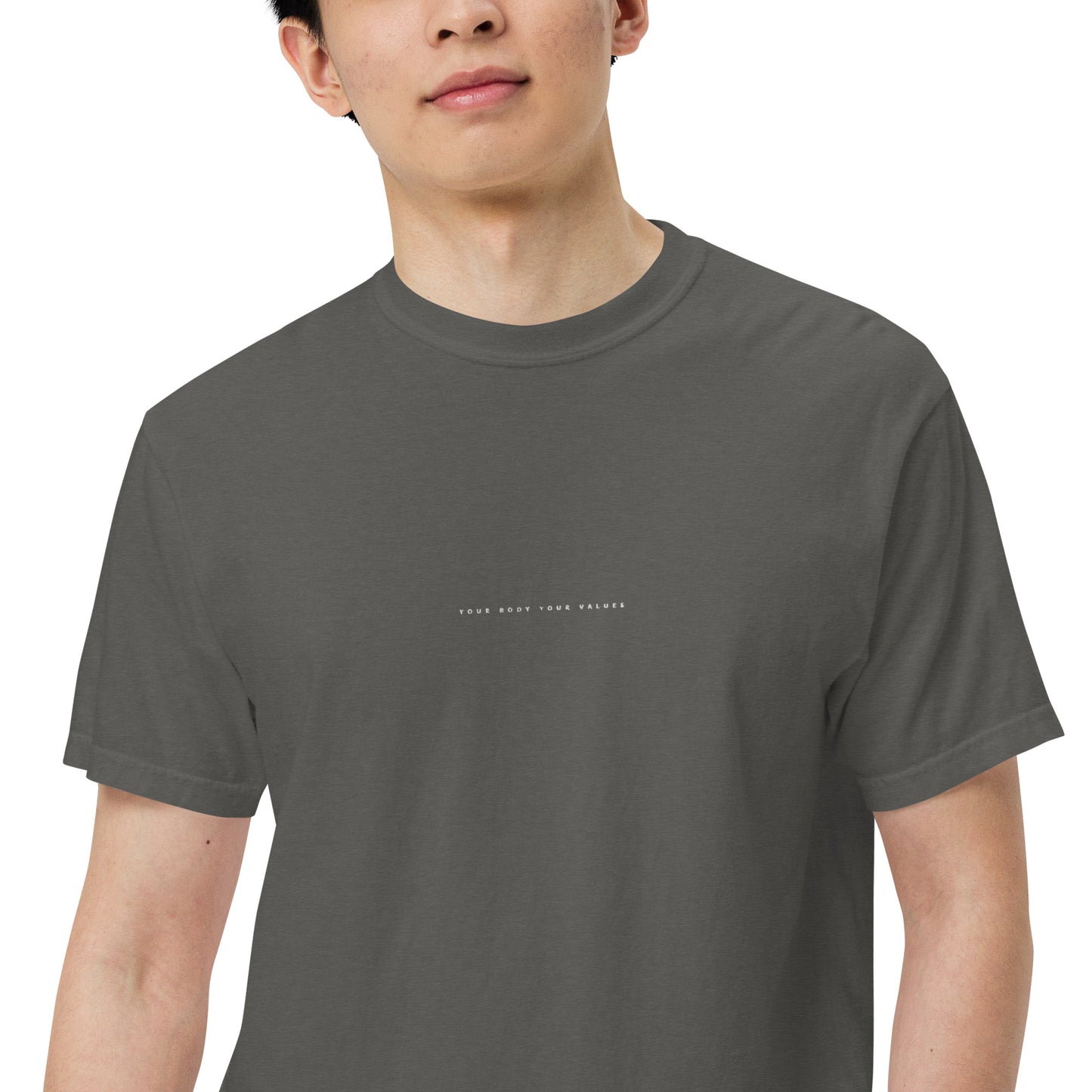 YBYV Comfort Colors T-Shirt with White Embroidered Minimalist Font