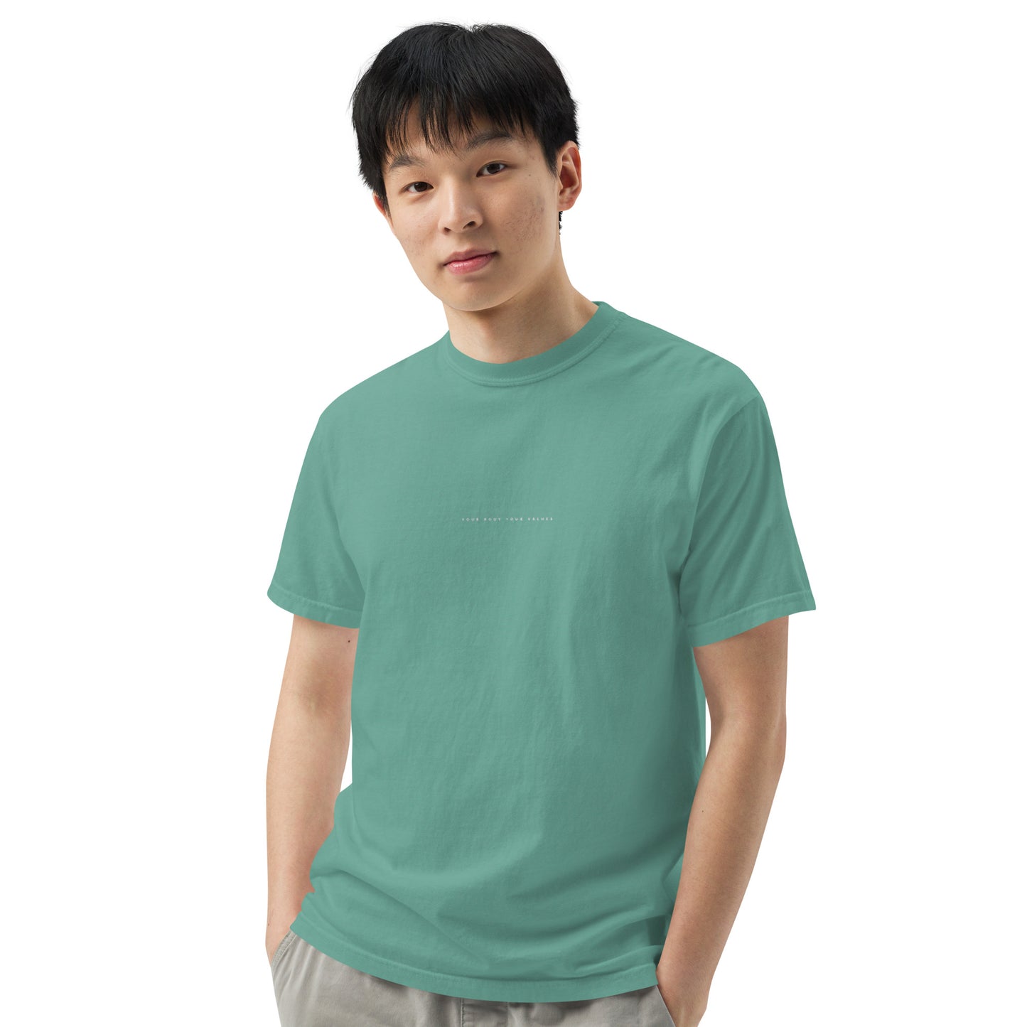 YBYV Comfort Colors T-Shirt with White Embroidered Minimalist Font