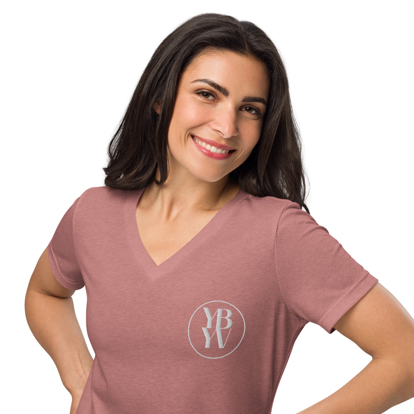 YBYV V Neck T-Shirt with Embroidered Circle Logo