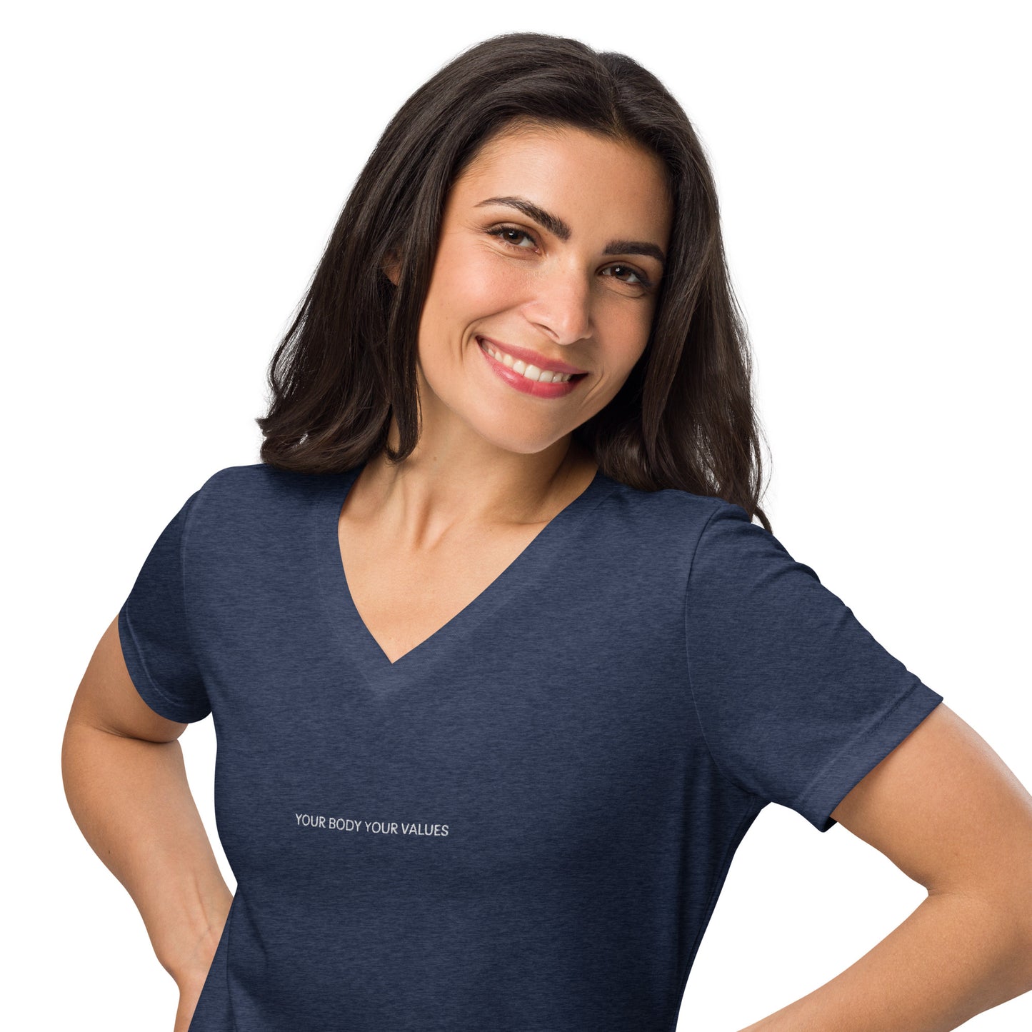 YBYV Women's V-Neck T-Shirt with Embroidered Minimalist Font