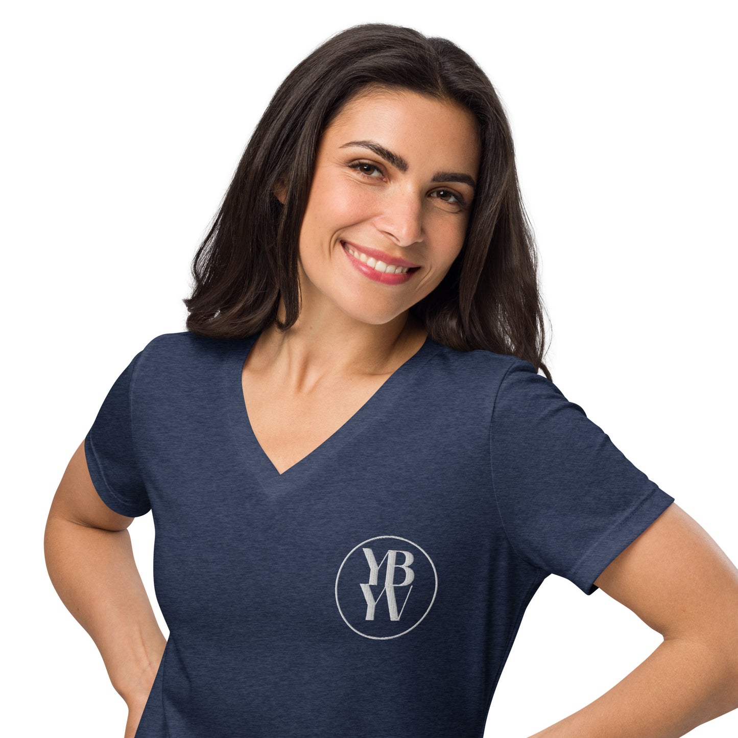 YBYV V Neck T-Shirt with Embroidered Circle Logo