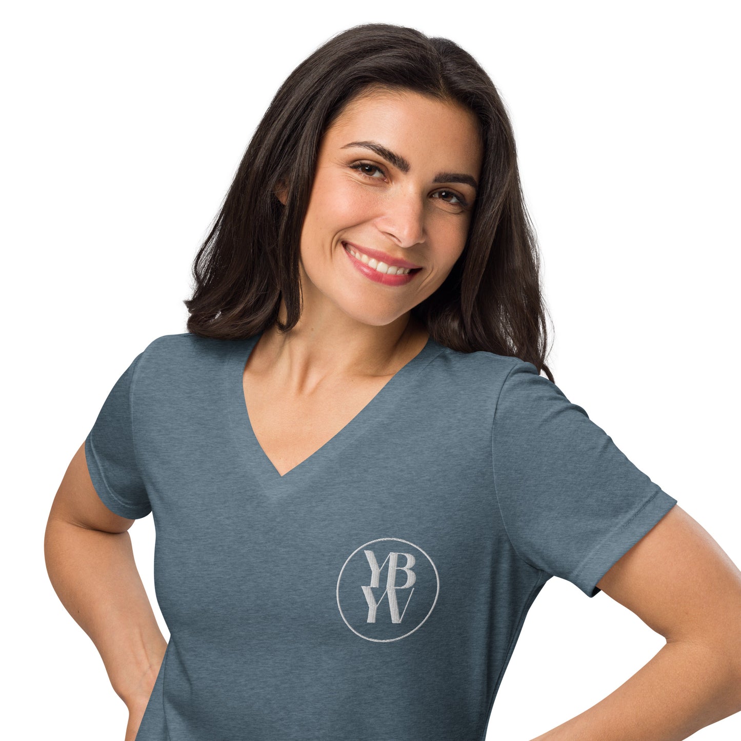 YBYV V Neck T-Shirt with Embroidered Circle Logo